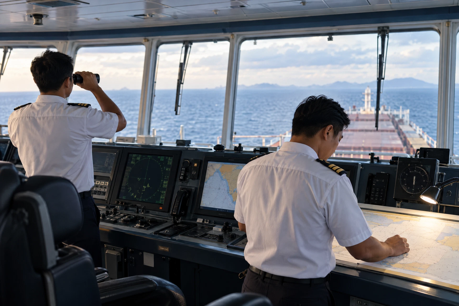 Maritime officers working on a ship bridge